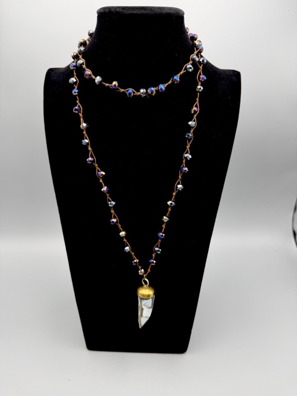 Unbranded Beaded Necklace 36” Purple Crystal Glass Pendant Brown Cord
